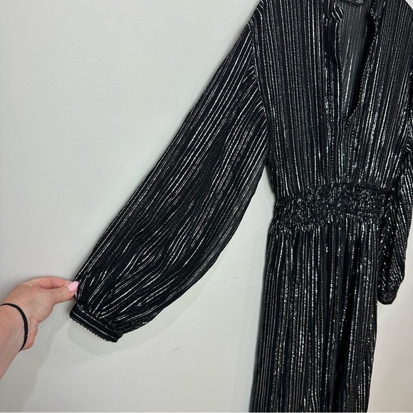 Zara Metallic Stripe Dress Black Silver Notch Collar Beaded Trim - Picture 6 of 11